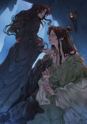  2boys black_hair black_hanfu bracer brown_hair cave chinese_clothes closed_eyes commentary djuney9 english_commentary facial_mark fire forehead_mark furrowed_brow green_ribbon hair_bun highres kneeling long_hair looking_at_another luo_binghe multiple_boys official_art parted_lips partially_undressed red_eyes renzha_fanpai_zijiu_xitong ribbon ribboned_xiao_guan sash shen_qingqiu single_off_shoulder standing torch torn_clothes water waterfall wet wet_clothes wet_hair xiao_guan_(headdress) zuiyin 