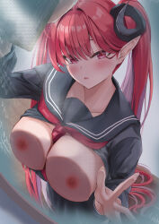  1girl absurdres azur_lane black_horns black_sailor_collar black_serafuku black_shirt black_skirt blush breast_press breasts breasts_out collarbone commentary cosplay curled_horns demon_girl demon_horns formidable_(azur_lane) formidable_(azur_lane)_(cosplay) formidable_(the_lover&#039;s_heart_flutters_on_duty)_(azur_lane) highres hindenburg_(azur_lane) horns large_breasts long_hair looking_at_viewer nipples pointy_ears red_eyes red_hair sailor_collar school_uniform serafuku shirt skirt solo spekkio36 symbol-only_commentary twintails very_long_hair 