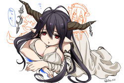 1girl ahoge bandages black_hair breasts cleavage danua doll draph dress granblue_fantasy highres horn_ornament horns k_w_r large_breasts long_hair lying pointy_ears red_eyes simple_background speech_bubble rating:Questionable score:3 user:danbooru