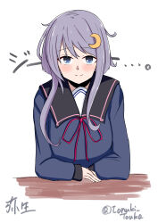  1girl absurdres black_sailor_collar blue_eyes blue_shirt crescent crescent_hair_ornament hair_ornament highres kantai_collection looking_at_viewer nabe_tanuki one-hour_drawing_challenge purple_hair sailor_collar sailor_shirt school_uniform serafuku shirt short_hair_with_long_locks smile solo text_background upper_body white_background yayoi_(kancolle) 