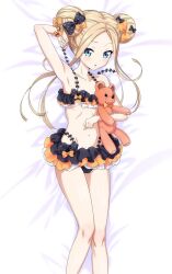  1girl abigail_williams_(emerald_float)_(fate) abigail_williams_(fate) bikini black_bikini black_bow blonde_hair blue_eyes blush bow commentary_request double_bun fate/grand_order fate_(series) feet_out_of_frame flat_chest hair_bow hair_bun highres holding holding_stuffed_toy long_hair looking_at_viewer lying multicolored_bikini multicolored_clothes multiple_hair_bows navel on_back orange_bikini orange_bow parted_bangs parted_lips polka_dot polka_dot_bow solo stuffed_animal stuffed_toy swimsuit teddy_bear watanabe_yoshihiro  rating:Sensitive score:13 user:danbooru