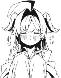  &gt;:( 1girl ahoge blue_archive blush closed_eyes closed_mouth collared_shirt commentary_request facing_viewer forehead frown greyscale hair_intakes horns jacket kasumi_(blue_archive) long_hair long_sleeves monochrome off_shoulder open_clothes open_jacket seramikku shirt short_eyebrows simple_background sleeves_past_fingers sleeves_past_wrists solo thick_eyebrows v-shaped_eyebrows white_background 