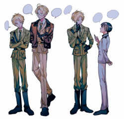  3boys america_(hetalia) arm_behind_back axis_powers_hetalia belt black_belt black_footwear black_gloves black_hair blank_speech_bubble blonde_hair blue_eyes boots brown_jacket clone collared_shirt crossed_arms expressionless full_body glasses gloves green_jacket green_necktie green_pants hand_on_own_face hand_on_own_hip hand_up high_collar highres jacket japan_(hetalia) knee_boots long_sleeves looking_at_another male_focus military_uniform multiple_boys naotin3333 necktie open_mouth outstretched_hand pants profile sam_browne_belt shirt shoes short_hair sideways_glance simple_background smile speech_bubble standing uniform united_kingdom_(hetalia) white_background white_pants white_shirt yellow_eyes yellow_jacket yellow_pants 