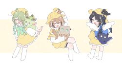  3girls 6+others :d backpack bag black_hair blue_bag blue_hair brown_hair bucket_hat ceres_fauna closed_eyes colored_inner_hair crossed_bangs dress flower friend_(nanashi_mumei) frilled_shirt frills green_ribbon hair_between_eyes hair_flower hair_ornament hair_over_one_eye hat highres hololive hololive_english hooman_(nanashi_mumei) jailbird_(nerissa_ravencroft) long_sleeves low_twintails multicolored_hair multiple_girls multiple_others nanashi_mumei neckerchief nemu_(ceres_fauna) nerissa_ravencroft on_head open_mouth pocket ribbon sapling_(ceres_fauna) shadow_(nerissa_ravencroft) shirt shorts simple_background smile socks streaked_hair thigh_strap twintails virtual_youtuber white_shirt white_socks wings xx_tk9 yellow_background yellow_dress yellow_hat yellow_neckerchief yellow_shorts 