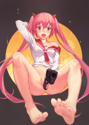 &gt;:o 1girl :o aiming aiming_at_viewer arm_behind_head atdan bad_id bad_pixiv_id barefoot blush bottomless breasts collarbone convenient_censoring fang feet full_body grey_background gun hair_between_eyes hair_ornament hairclip handgun hidan_no_aria highres holding holding_gun holding_weapon kanzaki_h._aria long_hair long_sleeves looking_at_viewer off_shoulder open_mouth pink_hair pistol red_eyes school_uniform serafuku simple_background sketch small_breasts solo toes twintails v-shaped_eyebrows very_long_hair weapon rating:Questionable score:63 user:danbooru