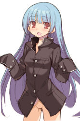  1girl blue_hair blush bottomless coat gakuran jacket kula_diamond long_hair looking_at_viewer naked_coat naked_jacket naked_shirt no_panties onono_imoko open_mouth pussy red_eyes school_uniform shirt sketch sleeves_past_wrists smile snk solo standing the_king_of_fighters uncensored very_long_hair  rating:Explicit score:78 user:danbooru