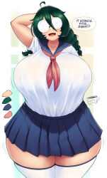  1girl breasts coffeeslice collarbone cowboy_shot english_text female_focus glasses green_hair huge_breasts looking_at_viewer miniskirt motion_lines nerd_(coffeeslice) open_mouth original school_uniform serafuku shirt skindentation skirt solo standing thick_thighs thighhighs thighs white_shirt white_thighhighs wide_hips zettai_ryouiki 