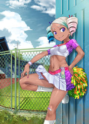  1girl against_wall aged_down bandaid bandaid_on_knee bandaid_on_leg blonde_hair blue_hair boots breasts bulge chain-link_fence cheerleader closed_mouth cloud cloudy_sky collarbone commentary_request condom condom_packet_strip condom_wrapper crop_top dark-skinned_female dark_skin day drill_hair erection erection_lifting_skirt erection_under_clothes fence fingernails from_side futanari hair_ribbon hand_on_own_hip highres holding knee_boots leg_up lips loli long_hair looking_at_viewer miniskirt multicolored_hair nail_polish navel no_panties no_socks original outdoors penis penis_peek pink_hair pink_nails pleated_skirt pom_pom_(cheerleading) purple_eyes radiohead_(radio_paranoia) ribbon short_sleeves skirt sky small_breasts smile solo stadium standing standing_on_one_leg star_(symbol) star_print stomach sweatband teenage_loli twin_drills twintails uncensored upskirt white_footwear  rating:Explicit score:274 user:danbooru