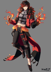  1boy abs armor belt black_footwear black_hair black_pants blue_eyes creatures_(company) facial_scar fire full_body fur-trimmed_jacket fur_collar fur_trim game_freak gen_7_pokemon gloves glowing glowing_eye grey_background grey_shirt groin hands_up heterochromia highres humanization incineroar jacket jewelry knee_pads leg_up long_sleeves male_focus merlusa midriff multicolored_hair multiple_rings navel nintendo open_clothes open_jacket orange_eyes pants partially_fingerless_gloves paw_print personification pokemon pouch pyrokinesis red_gloves red_hair red_jacket ring scar scar_on_cheek scar_on_face scar_on_leg scar_on_stomach shirt shoes short_hair side_slit sidelocks simple_background skin_tight solo standing standing_on_one_leg stomach streaked_hair tassel thigh_strap two-tone_hair waist_cape  rating:General score:6 user:AngryZapdos