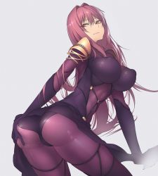 1girl armor ass ass_grab bodysuit breasts deep_skin fate/grand_order fate_(series) from_behind gingami_(giluziru) highres large_breasts long_hair pauldrons purple_bodysuit purple_hair red_eyes scathach_(fate) scathach_(fate) seductive_smile shoulder_armor simple_background smile solo rating:Questionable score:58 user:armorcrystal