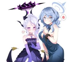  2girls absurdres ako_(blue_archive) ako_(dress)_(blue_archive) anger_vein bare_shoulders blue_archive blue_dress blue_eyes blue_hair bracelet collarbone commentary_request dangle_earrings demon_girl demon_horns demon_wings dress earrings elbow_gloves evening_gown gloves hair_between_eyes hair_ribbon hairband halo height_difference highres hina_(blue_archive) hina_(dress)_(blue_archive) horns jewelry long_hair looking_at_viewer multiple_girls necklace official_alternate_costume official_alternate_hairstyle parted_bangs parted_lips pearl_necklace pendant ponytail print_dress purple_dress purple_eyes purple_gloves ribbon side_slit sidelocks simple_background spoken_anger_vein spoken_blush strapless strapless_dress suzuran_kei wavy_hair white_background white_hair wings 
