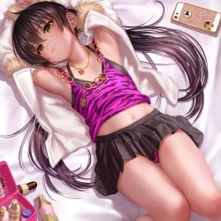  1girl :3 animal_print armpits asakuraf bed_sheet black_hair black_skirt camisole cellphone closed_mouth female_focus from_above fur-trimmed_jacket fur_trim heart heart_necklace highres idolmaster idolmaster_cinderella_girls jacket jewelry loli long_hair looking_at_viewer lying matoba_risa midriff navel necklace on_back phone pink_camisole pink_skirt skirt smile solo thighs tiger_print twintails white_jacket yellow_eyes  rating:Questionable score:207 user:danbooru
