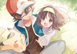 1boy 1girl :d ash_ketchum closed_eyes collarbone commentary_request commission creatures_(company) dress erika_(pokemon) eyelashes game_freak gen_1_pokemon green_dress green_hairband grey_pants hairband happy hat headpat highres jacket life_neko72 long_sleeves nintendo open_clothes open_jacket open_mouth pants pikachu pixiv_commission pokemon pokemon_(anime) pokemon_(creature) red_hat shirt sitting smile spread_fingers