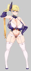 1girl absurdres arm_up bare_shoulders blonde_hair blue_eyes bow breasts bright_pupils cameltoe cleavage curvy epic_seven era_(erasion) garter_belt garter_straps gloves gluteal_fold grey_background hair_lift halterneck hand_on_own_hip highres huge_breasts legs_apart lifted_by_self long_hair lorina_(epic_seven) navel outline panties pink_bow purple_footwear purple_gloves purple_panties shoes side_ponytail simple_background solo standing thick_thighs thighhighs thighs thong underwear very_long_hair white_outline white_pupils white_thighhighs rating:Sensitive score:48 user:danbooru