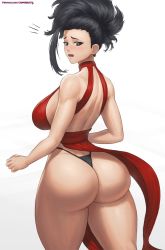 1girl ass back bare_shoulders big_hair black_eyes black_hair blush boku_no_hero_academia breasts dress from_behind gradient_background grey_background highres huge_ass large_breasts looking_at_viewer matching_hair/eyes red_dress sideboob simple_background solo standing superbusty thick_thighs thighs thong wide_hips yaoyorozu_momo rating:Questionable score:72 user:JustHere4Butts