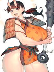  1girl armor breasts broken_tooth brown_eyes brown_hair chipped_tooth club club_(weapon) cowboy_shot dungeon_meshi fumio_(rsqkr) highres holding holding_club holding_weapon horns huge_breasts inutade japanese_armor japanese_clothes kanabou kimono long_hair mole mole_under_eye monster_girl oni open_mouth ponytail short_kimono shoulder_armor skin-covered_horns sleeveless smile sode solo spiked_club weapon wide_hips 
