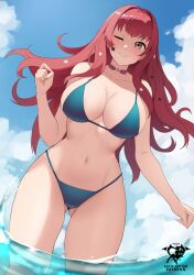 1girl alternate_costume bare_arms bare_shoulders bikini blue_bikini blue_sky breasts brown_eyes cleavage cloud commentary cowboy_shot day fire_emblem fire_emblem_engage gluteal_fold grin hand_up highres kaos_art large_breasts long_hair looking_at_viewer navel nintendo one_eye_closed red_hair sky smile solo standing stomach swimsuit thighs very_long_hair wading water yunaka_(fire_emblem)
