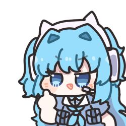 1girl :d animal_ear_headphones blue_eyes blue_hair blue_neckerchief blush_stickers chibi collared_dress crop_top dress fake_animal_ears goddess_of_victory:_nikke hair_intakes headphones headset light_blue_hair long_hair middle_finger neckerchief oldstore open_mouth shifty_(nikke) side_ponytail simple_background smile solo white_background 