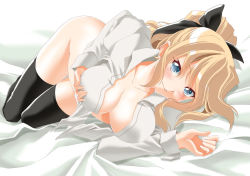  10s 1girl bed blind blonde_hair blue_eyes blush grabbing_another&#039;s_breast breast_hold breasts cleavage grabbing katawa_shoujo large_breasts naked_shirt no_panties on_bed open_clothes open_shirt ponytail raynart satou_lilly shirt solo thighhighs 