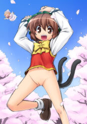  1girl :d animal_ears arms_up blue_sky bottomless bow bowtie brown_eyes brown_footwear brown_hair cat_ears cat_girl chen cherry_blossoms cleft_of_venus commentary_request day exhibitionism fangs female_focus foot_out_of_frame green_headwear hair_between_eyes happy hat kanno leg_up lily_white loli long_sleeves looking_at_viewer multiple_tails navel open_mouth outdoors petals public_indecency public_nudity pussy red_vest shirt shoes short_hair sketch sky smile socks solo_focus straight-on tail teeth touhou tree two_tails uncensored upper_teeth_only vest white_shirt white_socks yellow_bow yellow_bowtie 