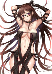 1girl armpits arms_up bad_id bad_pixiv_id bare_shoulders black-framed_eyewear black_choker black_dress black_gloves breasts brown_hair center_opening choker cleavage closed_mouth collarbone cowboy_shot dress ear_piercing earrings elbow_gloves fate/grand_order fate_(series) glasses gloves groin hair_spread_out harimoji head_tilt highres jewelry large_breasts long_hair looking_at_viewer medium_breasts navel piercing purple_eyes revealing_clothes side-tie_dress sidelocks simple_background solo stomach strapless strapless_dress thighs very_long_hair white_background yu_mei-ren_(fate) rating:Sensitive score:14 user:danbooru