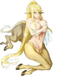 1girl animated blonde_hair blue_eyes breasts centaur centorea_shianus cleavage covering_breasts covering_privates huge_breasts long_hair monster_musume_no_iru_nichijou official_art ponytail tagme taur video 