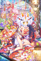  5girls :3 age_of_ishtaria animal_ears bare_shoulders blush closed_mouth copyright_notice full_body grey_hair hair_ornament highres horns ianos_(age_of_ishtaria) japanese_clothes kagami_mochi kneeling komainu_(age_of_ishtaria) kuzunoha_(age_of_ishtaria) lantern long_hair looking_at_viewer miracle_mallet multiple_girls munlu_(wolupus) official_art outdoors paper_lantern rope shimenawa shishi_(age_of_ishtaria) single_horn solo_focus tassel thick_thighs thighs yellow_eyes 