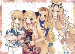  4girls ahoge anne_bonny_(fate) artoria_pendragon_(fate) artoria_pendragon_(lancer)_(fate) barghest_(fate) blonde_hair breasts chin_piercing dress fate/grand_order fate_(series) floral_print green_eyes highres large_breasts long_hair looking_at_viewer multicolored_eyes multiple_girls noa_pisces quetzalcoatl_(fate) red_eyes smile white_background white_dress 