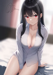1girl absurdres black_hair blunt_bangs blurry blurry_background blush breasts cleavage collarbone commentary_request dress_shirt highres large_breasts leone_(kamina0205) long_hair looking_at_viewer naked_shirt no_bra original partially_unbuttoned pout red_eyes shirt solo tears white_shirt rating:Questionable score:16 user:danbooru