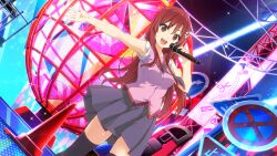  1girl 22/7 22/7_ongaku_no_jikan black_thighhighs boxcutter cosplay cowboy_shot desk flower game_cg hair_flower hair_ornament highres holding holding_microphone idol jungle_gym lens_flare light_particles long_hair microphone necktie no_parking_sign non-web_source official_art open_mouth outstretched_arm pink_shirt pleated_skirt purple_necktie purple_skirt red_eyes red_hair road_sign sato_reika school_desk scissors senjougahara_hitagi senjougahara_hitagi_(cosplay) shirt sidelocks sign skirt sleeveless smile solo sparkle stage_lights standing stapler stop_sign straight_hair sweat teeth thighhighs traffic_cone turn_right_sign upper_teeth_only white_flower 