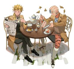  2boys alternate_costume animal_print belt black_footwear black_necktie black_suit blonde_hair braid braided_ponytail brick brown_coat cake cake_slice chair clip_studio_paint_(medium) coat crossed_legs cup earrings food fork formal full_body giorno_giovanna grey_eyes guido_mista haembokke8_8 hair_over_shoulder hat highres holding holding_cup holding_fork holding_newspaper jewelry jojo_no_kimyou_na_bouken long_hair making-of_available male_focus midriff multiple_boys necktie newspaper open_mouth outdoors plate pudding reading sex_pistols_(stand) simple_background sitting spill spoon stud_earrings suit surprised sweatdrop table tea teapot tiger_print vento_aureo white_background white_footwear wide-eyed 