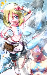  1boy 1girl ;d abs absurdres arm_up black_pants blonde_hair blue_eyes blue_hair blush boots breasts clenched_hand commentary_request creatures_(company) eyelashes gaeric_(pokemon) game_freak gen_3_pokemon gen_4_pokemon glaceon glalie grin hair_between_eyes hand_on_own_hip hand_up highres irida_(pokemon) medium_hair muscular muscular_male musical_note nintendo one_eye_closed open_mouth pants pectorals pokemon pokemon_(creature) pokemon_legends:_arceus rorretsim smile standing teeth tongue topless topless_male upper_teeth_only white_footwear wristband 
