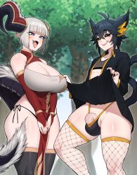 1boy 1girl :3 :d androgynous animal_ears black_eyes black_hair black_sclera blunt_bangs breasts cat_boy cat_ears cat_tail cleavage clothes_lift colored_sclera commission fangs fishnet_thighhighs fishnets flaccid forest grey_hair highres horns in_(ain) large_breasts licking_lips nature open_mouth original pointy_ears purple_eyes revealing_clothes skindentation skirt skirt_lift smile tail thick_thighs thighhighs thighs thong tongue tongue_out trap tree uncensored rating:Explicit score:178 user:danbooru