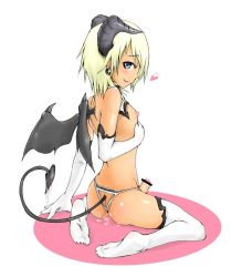  1boy bar_censor blonde_hair blue_eyes censored cum demon_boy demon_tail demon_wings elbow_gloves gloves horns demon_boy male_focus penis solo tail thighhighs thong trap wings  rating:Explicit score:67 user:notrag