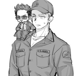  2boys animification avengers:_endgame avengers_(series) baseball_cap buttons chibi closed_mouth coat collared_jacket collared_shirt commentary_request dishing facial_hair formal greyscale hat jacket korean_commentary lapels long_sleeves looking_to_the_side male_focus marvel marvel_cinematic_universe military_jacket military_uniform monochrome multiple_boys necktie open_clothes open_coat pants pocket shirt shoes short_hair simple_background sitting standing steve_rogers suit sunglasses sweat sweatdrop t-shirt tony_stark uniform v-shaped_eyebrows 