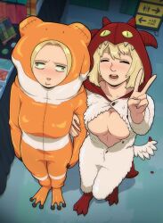  2girls absurdres animal_costume blonde_hair breasts closed_eyes cosplay costume dragon_hood dungeon_meshi eyelashes falin_touden frog_costume highres kigurumi large_breasts locked_arms marcille_donato multiple_girls no_bra open_mouth partially_unbuttoned standing turoboto v wall-eyed 
