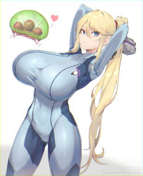  1girl alternate_breast_size arms_behind_head arms_up artist_name blonde_hair blue_bodysuit blue_eyes bodysuit breasts chromatic_aberration commentary_request covered_navel gun handgun heart highres huge_breasts long_hair magister metroid metroid_(creature) mole mole_under_mouth nintendo ponytail samus_aran signature simple_background solo spoken_heart thighs very_long_hair weapon white_background zero_suit  rating:Questionable score:145 user:Vardigiil