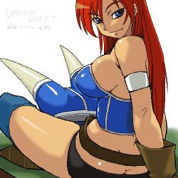  1girl armlet armor ass bare_shoulders belt blue_armor breasts brown_gloves brown_hair butt_crack closed_mouth daisy_(dq) dragon_quest dragon_quest_yuusha_abel_densetsu fake_horns gloves helmet horned_helmet horns long_hair looking_at_viewer lowres smile solo sorashu thighhighs 