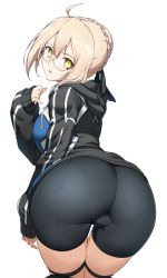  1girl ahoge artoria_pendragon_(all) artoria_pendragon_(fate) ass bent_over bike_shorts black-framed_eyewear black_jacket black_shorts blonde_hair braid breasts commentary_request empty_eyes fate/grand_order fate_(series) fingernails from_behind glasses gym_uniform hair_between_eyes hair_bun hair_ribbon halcon highres hip_focus hood hoodie jacket looking_at_viewer looking_back medium_breasts mysterious_heroine_x_alter_(fate) mysterious_heroine_x_alter_(second_ascension)_(fate) open_mouth pantylines ribbon ringed_eyes saber_(fate) semi-rimless_eyewear shorts simple_background single_hair_bun solo thighs under-rim_eyewear white_background wide_hips yellow_eyes  rating:Sensitive score:166 user:danbooru