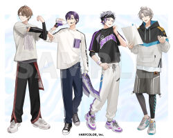 4boys :d abstract_background alternate_costume arm_warmers bandaged_hand bandages black_footwear black_headband black_hoodie black_leggings black_pants black_shirt blue_background blue_eyes blue_pants border bottle bracelet brown_eyes brown_hair chain chain_necklace collar_tug copyright_notice cross-body_stretch curtained_hair drawstring drinking earrings elbow_sleeve fingerless_gloves full_body fuwa_minato gloves green_eyes grey_hair grey_shorts hair_between_eyes hand_on_own_hip hand_up hand_wraps headband headset holding holding_bottle holding_paper holding_towel hood hood_down hoodie hot isamu jewelry kagami_hayato kaida_haru kenmochi_touya leggings long_sleeves looking_at_viewer male_focus mismatched_earrings multicolored_clothes multicolored_hair multicolored_hoodie multiple_boys necklace nijisanji official_art open_mouth outside_border pants paper parted_lips pink_hair print_shirt purple_eyes purple_footwear purple_gloves purple_hair reading rof-mao sample_watermark shirt short_hair short_sleeves shorts single_glove smile sneezing standing streaked_hair sweat sweatpants t-shirt tassel tassel_earrings towel virtual_youtuber water_bottle watermark white_border white_footwear white_hoodie white_pants white_shirt wristband