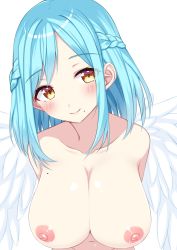  1girl angel_wings bare_arms blue_hair blush braid breasts cleavage closed_mouth covered_erect_nipples eyelashes fuji_yoshida highres large_areolae large_breasts looking_at_viewer medium_hair moira_(nijisanji) mole mole_on_breast mole_under_mouth navel nijisanji nipples nude simple_background smile solo stomach upper_body virtual_youtuber white_background wings yellow_eyes  rating:Explicit score:39 user:Platyvyujz