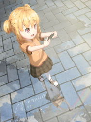 1girl absurdres artist_name blonde_hair brown_skirt cellphone full_body gluteal_fold highres holding loli open_mouth orange_shirt original outdoors outstretched_arms panties pantyshot pantyshot_through_reflection phone plaid plaid_skirt puddle red_eyes reflection shirt short_hair skirt smartphone smile solo thighhighs two_side_up underwear upskirt water white_panties white_thighhighs zet_(globalgears) rating:Questionable score:59 user:danbooru