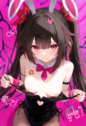  1girl absurdres animal_ears arm_ribbon armlet bare_shoulders black_leotard blunt_bangs blurry blush bow bowtie breasts breasts_apart breasts_out brown_hair cc_lin center-flap_bangs chinese_commentary closed_mouth clothing_cutout commentary_request cowboy_shot cuffs depth_of_field detached_collar eyelashes fake_animal_ears fishnet_pantyhose fishnets flower_tattoo hair_ornament handcuffs hands_up heart_cutout highleg highleg_leotard highres honkai:_star_rail honkai_(series) leotard leotard_pull long_hair looking_at_viewer medium_breasts nail_polish necktie nipples paid_reward_available pantyhose pink_background pink_bow pink_bowtie pink_nails pink_necktie pink_ribbon playboy_bunny presenting pulled_by_self rabbit_ears rabbit_hair_ornament rabbit_hole_(vocaloid) red_eyes ribbon seductive_smile short_necktie simple_background smile solo sparkle_(honkai:_star_rail) straight_hair sweat tattoo tsurime twintails very_long_hair w_arms x_hair_ornament 