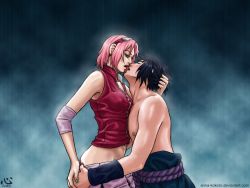 anna_kokoro_(anko) ass ass_grab couple forehead_protector haruno_sakura kiss naruto rain topless_male uchiha_sasuke rating:Questionable score:25 user:aaaawwwpolee