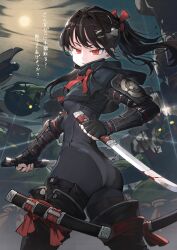  1girl arm_guards black_bodysuit black_gloves black_hair bodysuit bodysuit_under_clothes bow breasts clothing_cutout colored_skin dual_wielding gloves goblin green_skin hair_bow hair_ornament hairclip high_ponytail highres holding holding_sword holding_weapon jun_(navigavi) leotard long_hair looking_at_viewer looking_back medium_breasts ninja original outdoors red_eyes scarf short_sword skin_tight smile solo sword thigh_cutout thighhighs weapon 