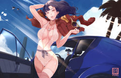  1girl artist_name bare_shoulders breasts car cleavage cloud collarbone cross cross_necklace crucifix earrings fighterjet jacket jewelry katsuragi_misato lace_dress large_breasts long_hair looking_at_viewer motor_vehicle necklace nekomimipunks neon_genesis_evangelion open_mouth palm_tree parted_bangs purple_hair red_jacket renault_alpine_a310 shiny_skin thighhighs tree vehicle yellow_eyes 