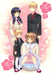 1boy 3girls age_difference blonde_hair brown_eyes brown_hair bulge chijoku_an child crossdressing dress erection erection_under_clothes formal gloves green_eyes hair_bobbles hair_ornament highres mary_janes multiple_girls necktie original purple_hair reverse_trap ribbon shoes short_hair suit trap twintails yellow_eyes rating:Sensitive score:25 user:St._Araqiel