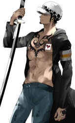  1boy 2elu2 abs absurdres adam&#039;s_apple bags_under_eyes bare_pectorals black_coat black_hair black_hat blue_pants broken_heart chest_tattoo closed_mouth coat collarbone earrings facial_hair goatee hat heart highres holding holding_sword holding_weapon hole_in_chest hole_on_body jewelry long_sideburns long_sleeves looking_at_object male_focus navel one_piece open_clothes open_coat pants pectorals short_hair sideburns simple_background solo sword tattoo toned toned_male trafalgar_law weapon white_background white_hat 