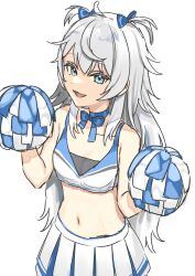  1girl :d absurdres black_sports_bra blue_bow blue_bowtie blue_eyes blue_ribbon blue_skirt bow bowtie breasts cheerleader cleavage crop_top goddess_of_victory:_nikke hair_ribbon highres long_hair navel official_alternate_costume open_mouth peroinnu poli_(cheer_up_police)_(nikke) poli_(nikke) pom_pom_(cheerleading) ribbon short_twintails sidelocks skirt small_breasts smile solo sports_bra twintails two-tone_skirt very_long_hair wavy_hair white_hair white_skirt 