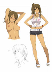  1boy 1girl bare_shoulders breasts character_sheet dark_skin highres nipples oohara_kyuutarou partially_colored shorts tan upper_body white_background  rating:Questionable score:38 user:Hellstinger